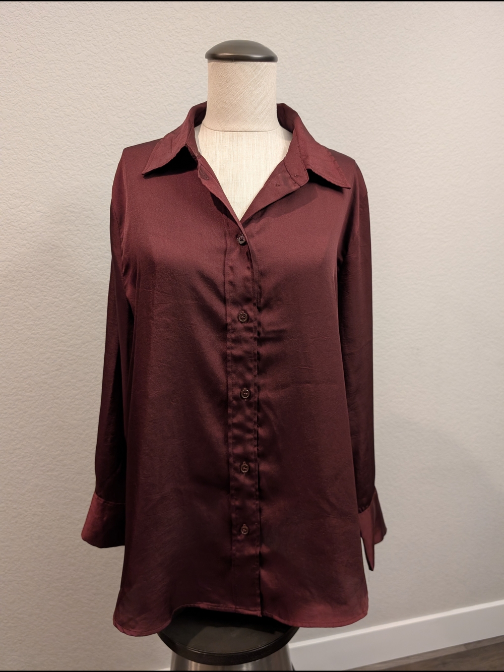 H&M Satin Button-Down Long Sleeve Shirt Sz L Office Casual- Deep Burgundy